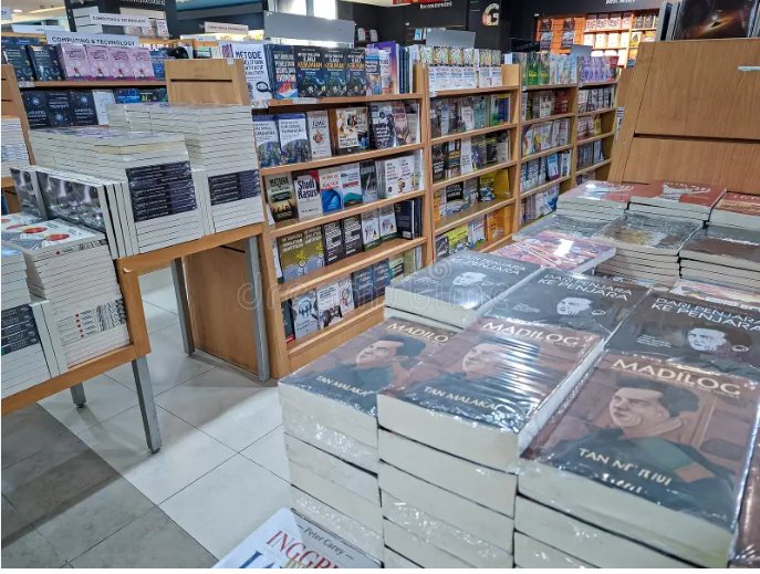 Bookstore shelving with a wide range of titles