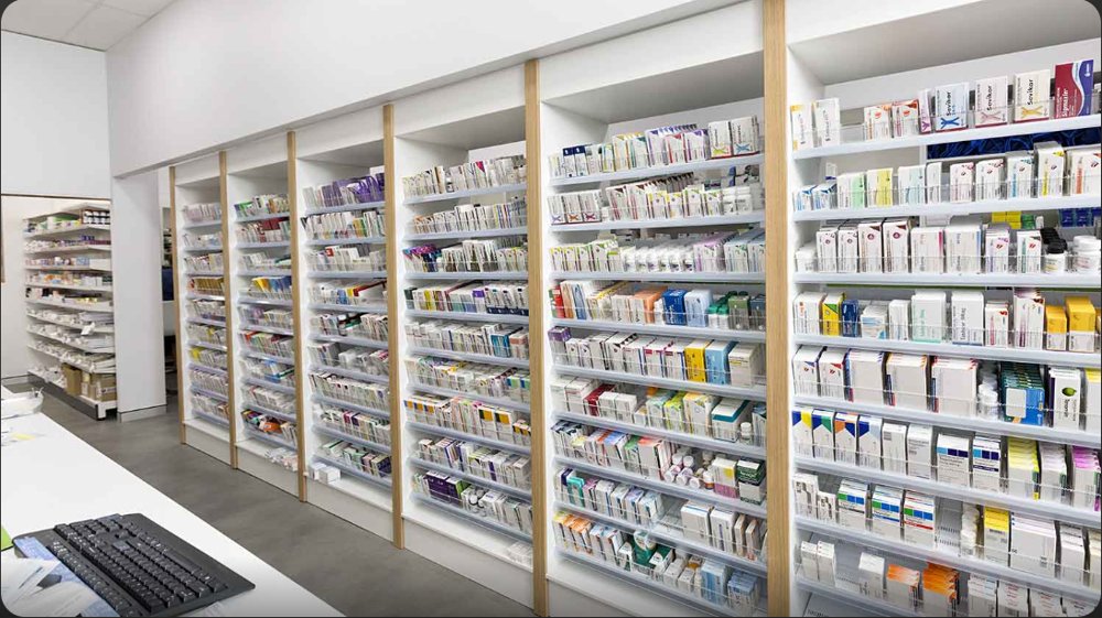 Pharmacy shelving with medicine stock